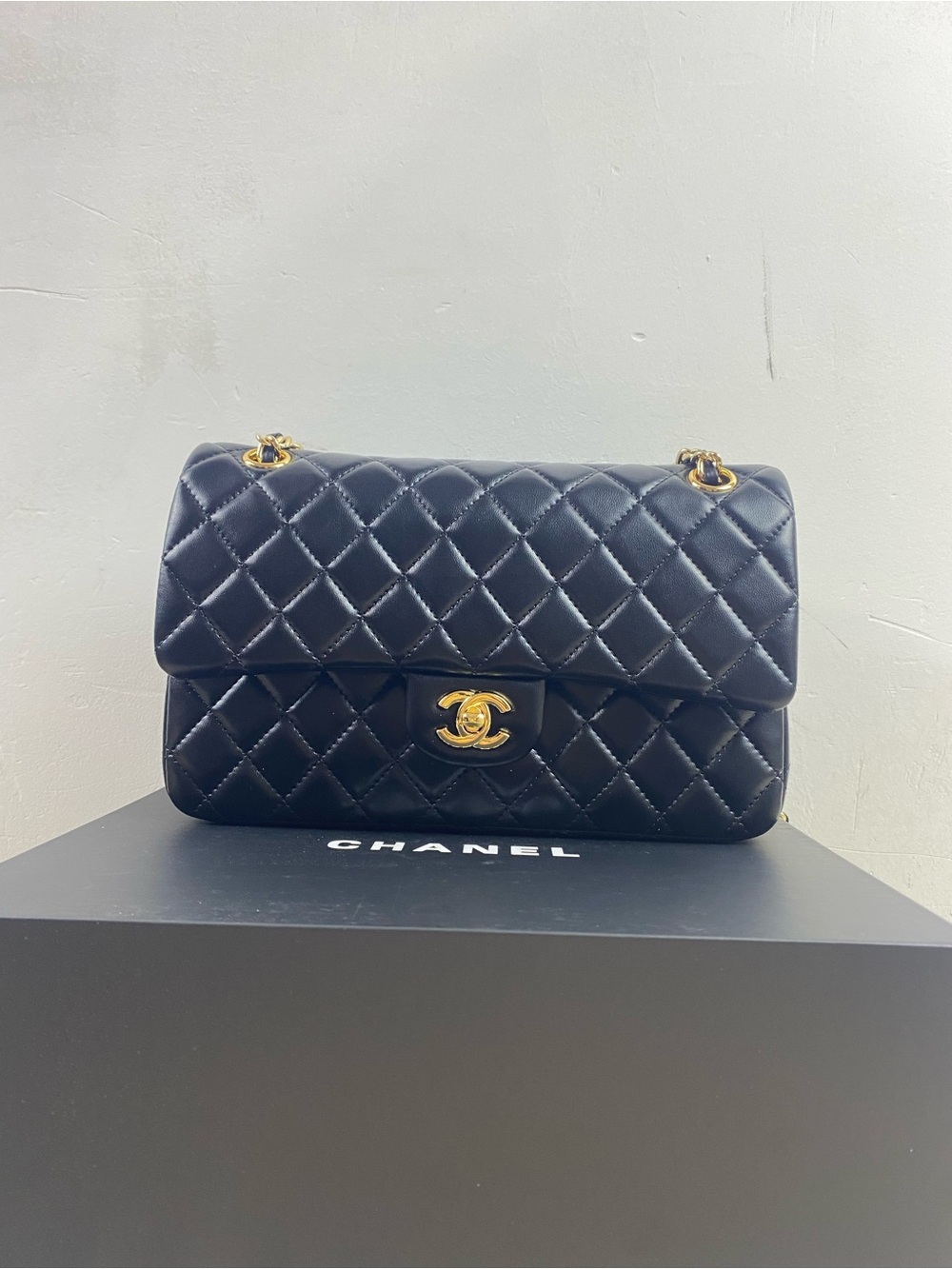 CHANEL Black Quilted Lambskin Shoulder Bag with Gold Hardware